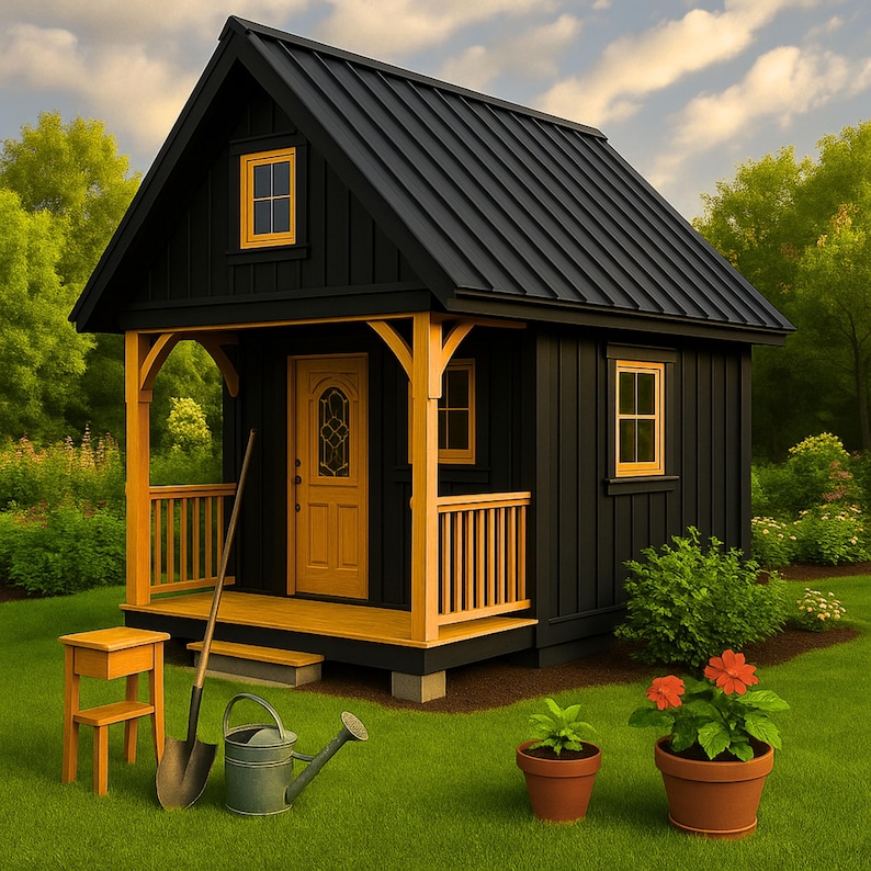 May include: A small black cabin with a black roof, yellow trim, and a porch. The cabin has a yellow door and windows. A small wooden table, shovel, watering can, and potted plants sit on the green grass in front of the cabin.