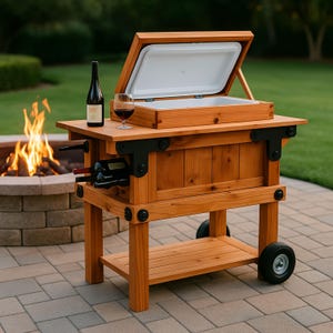 DIY Rolling Cooler Cart Plan PDF, Outdoor Wooden Beverage Station with Wine Rack and Wheels, Patio Bar Build Project, Digital Download Guide