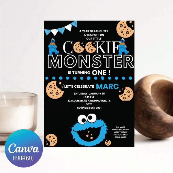 Cookie Monster 1st Birthday Invitation,Instant Download, CANVA