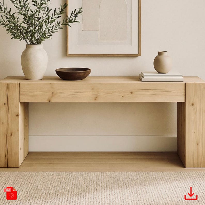 May include: A light wood console table with a natural finish. The table has a simple design with a rectangular top and two square legs. There is a small wooden bowl, a stack of books, and a ceramic vase on the table.
