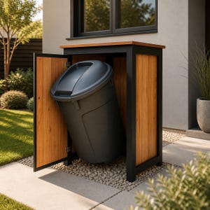 Puede incluir: Un cubo de basura negro dentro de un cerramiento de madera con marco negro. El cerramiento tiene una puerta y una parte superior de madera. La escena está ambientada al aire libre, en un camino de piedra con vegetación de fondo.