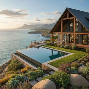 Könnte beinhalten: Ein modernes Haus mit Pool mit Blick auf das Meer. Das Haus hat eine dunkelgraue Fassade mit Holzakzenten und großen Fenstern. Der rechteckige Pool ist von einer Steinmauer und üppiger Landschaft umgeben.