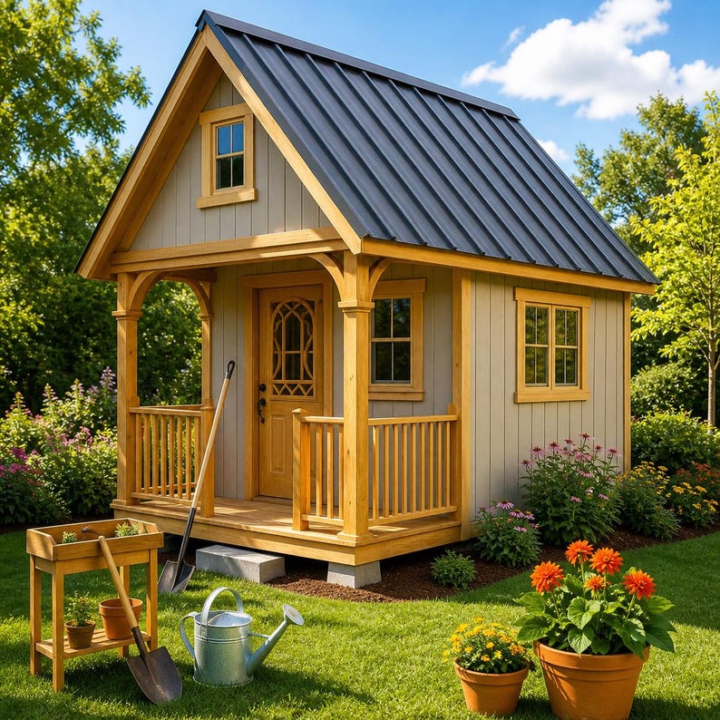 May include: A small, wooden garden shed with a dark gray metal roof, light gray siding, and yellow trim. The shed has a small porch with a railing and a wooden door. Gardening tools and potted plants are in front of the shed.