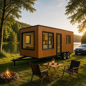 May include: A small, brown, rectangular cabin on wheels with black trim and windows, parked on a grassy area near a lake. A small wooden table and two chairs are set up in front of the cabin, with a campfire and a car nearby.