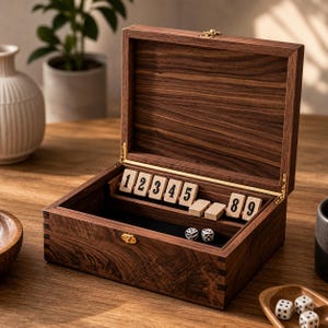 May include: Open wooden box with a hinged lid, containing numbered tiles and dice. The box is made of dark wood with brass hardware. The numbers 1 through 9 are visible on the tiles. The box is open on a wooden surface.