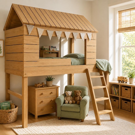 Kids Clubhouse Loft Bed Plan – DIY Twin Bed with Stairs & Playhouse Space (PDF Download)