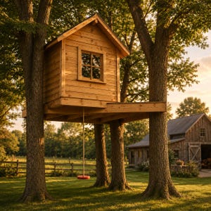 Puede incluir: Una casa en el árbol de madera construida entre dos árboles grandes. La casa en el árbol tiene una pequeña ventana, una plataforma y un columpio. Un granero es visible en el fondo. La casa en el árbol es de madera clara.