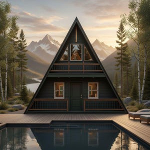 Puede incluir: Cabaña con estructura en A con exterior verde oscuro, terraza de madera y piscina. La cabaña tiene un techo triangular y grandes ventanas. El fondo presenta una cordillera, árboles y un lago. El cielo es una mezcla de naranja y amarillo.