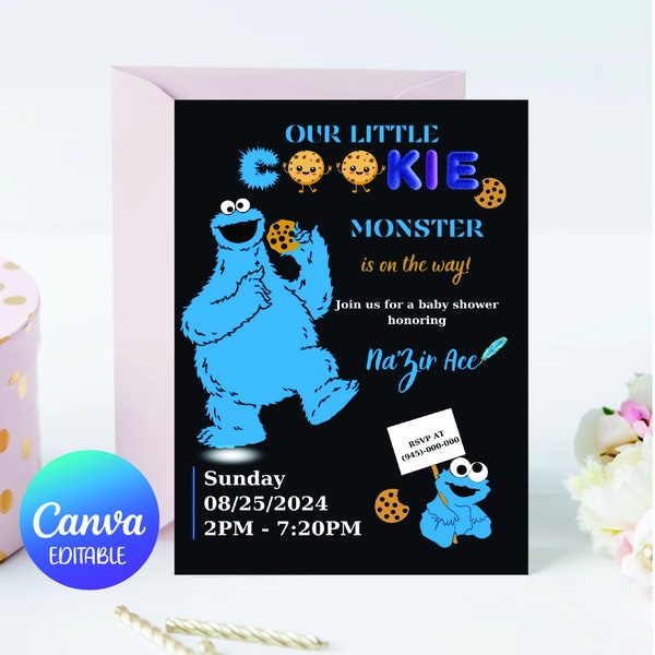 Editable Cookie Monster Invitation Template - Kids Birthday Invitation - First Birthday - Canva - Printable Birthday Party Invite - Digital