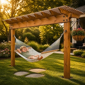 May include: A wooden hammock stand with a white rope hammock. A young person is relaxing in the hammock. The stand is in a grassy yard with a hanging flower basket and stone pavers.