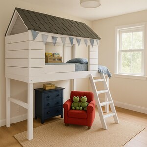 May include: A white loft bed with a house-shaped frame and a dark gray roof. The bed has a blue mattress and is decorated with blue and white pennant flags. A navy blue dresser, a red armchair, and a white ladder are also in the room.