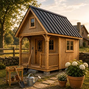 May include: A small, wooden garden shed with a black metal roof. The shed has a porch with a railing and a door with an arched window. Gardening tools and potted plants are in front of the shed.