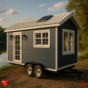 May include: A compact, dark blue tiny house on a trailer with white trim, roof, and windows. The house features a solar panel on the roof and is situated on a grassy area near water. The house has two windows and a door.