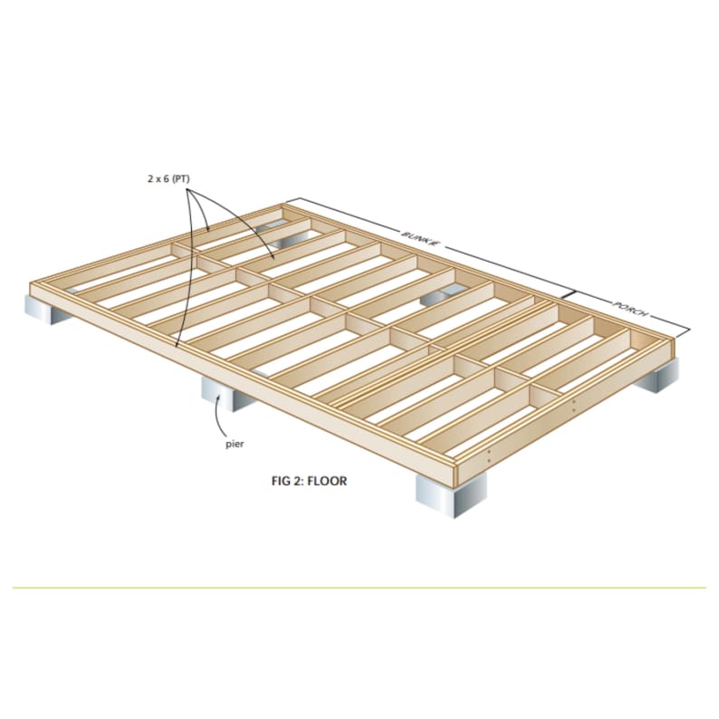 May include: An illustration of a wooden floor frame, labeled "FIG 2: FLOOR." The frame is constructed with parallel beams supported by concrete piers. The diagram includes labels for "2 x 6 (PT)," "bunkie," and "porch," indicating structural components.