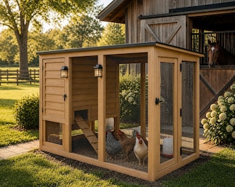 May include: A wooden chicken coop with a black roof and two small lights. The coop has wire mesh sides and a door. Three chickens are inside. A horse is visible in a nearby barn.