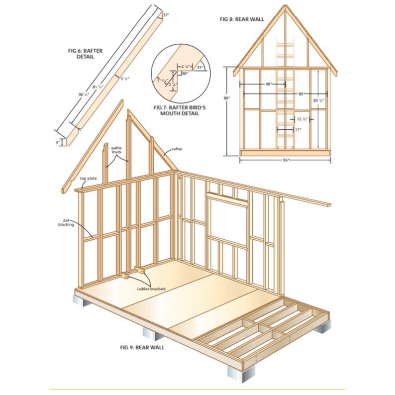 May include: An architectural diagram of a shed under construction, with detailed views of the rafter, bird's mouth, and rear wall. Dimensions are provided in inches, including the rafter detail at 90 1/2 inches and the rear wall at 96 inches.