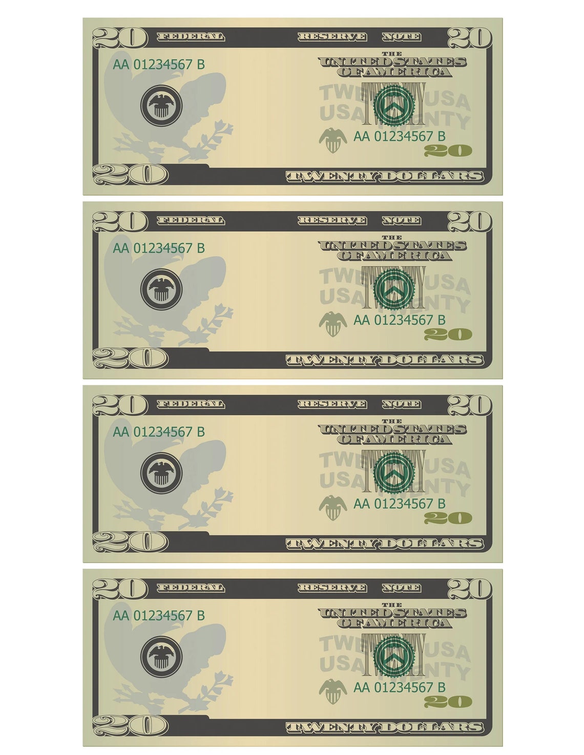 Dollar Bill Templates Printable Letter Page With 4 Real Size Dollar ...