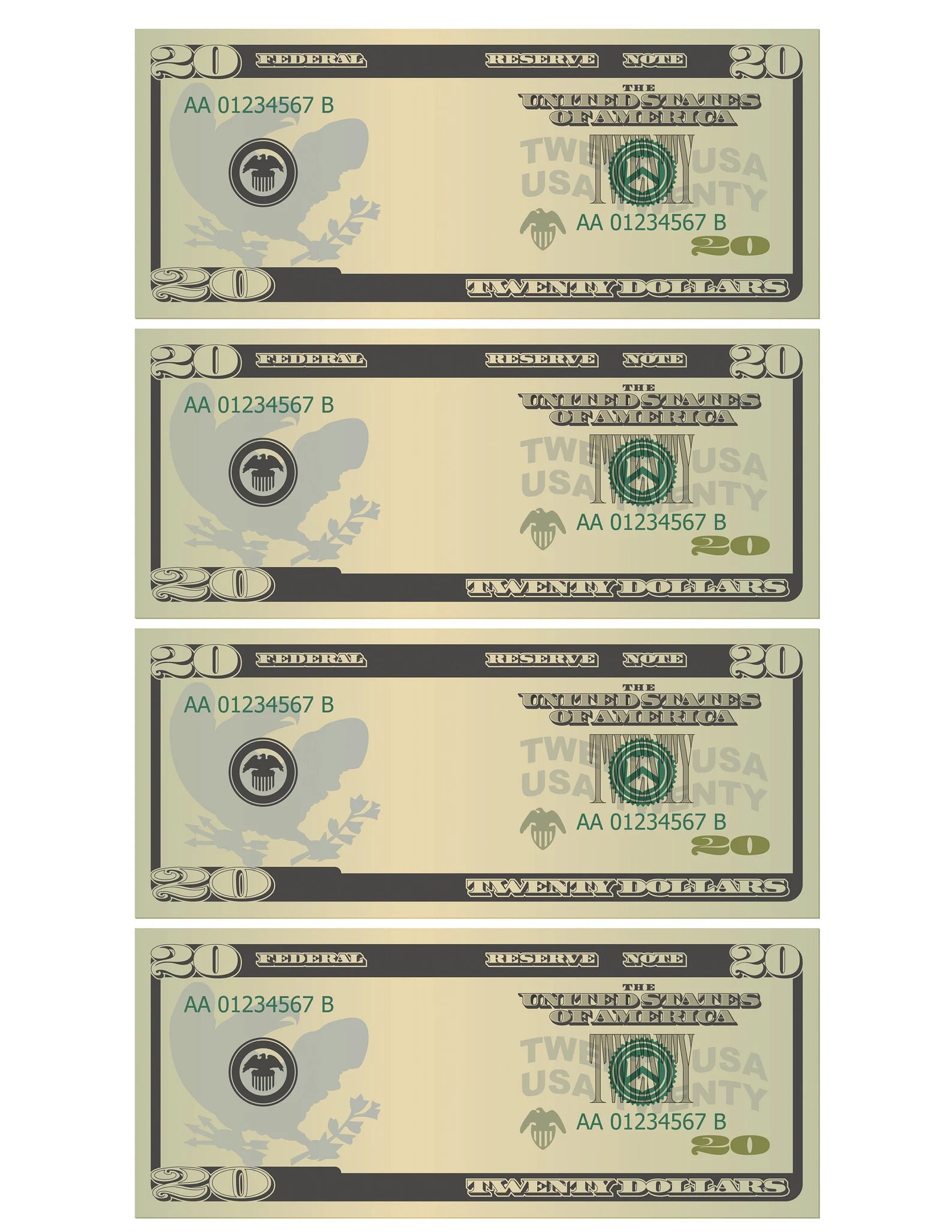 Dollar Bill Templates Printable Letter Page With 4 Real Size Dollar ...