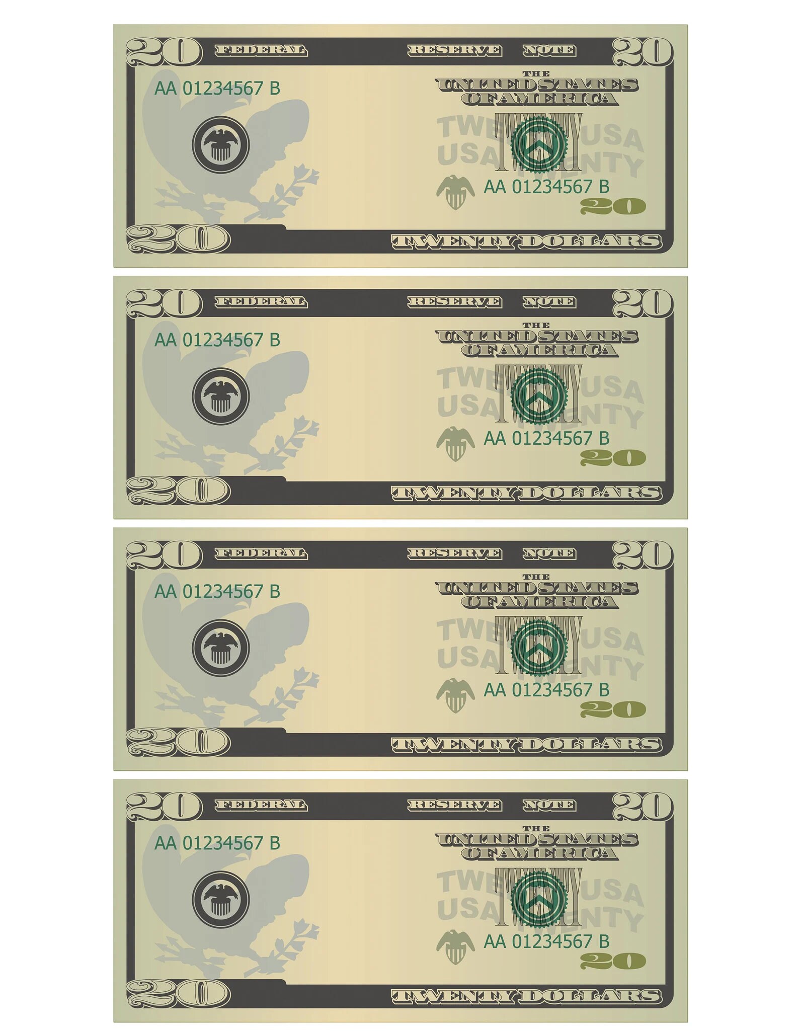 Dollar Bill Templates Printable Letter Page With 4 Real Size Dollar ...