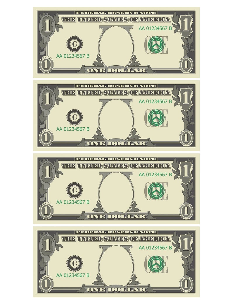 Dollar Bill Templates Printable Letter Page With 4 Real Size Dollar ...
