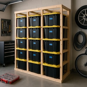 May include: A wooden storage rack filled with black plastic bins with yellow lids and blue labels. The rack is in a garage setting, with tools and a toolbox visible in the background. A tire and bicycle are also visible.