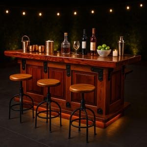 May include: A wooden bar with three adjustable stools. The bar is stocked with bottles of wine and spirits, glassware, and a cocktail shaker. A bowl of limes and a lit candle are also on the bar. String lights hang in the background.