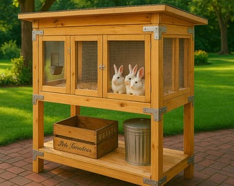 May include: A wooden rabbit hutch with a sloped roof, wire mesh doors, and metal corner brackets. Inside, three white rabbits are visible. A wooden crate and a metal container sit on the lower shelf. The hutch is set on a brick patio.