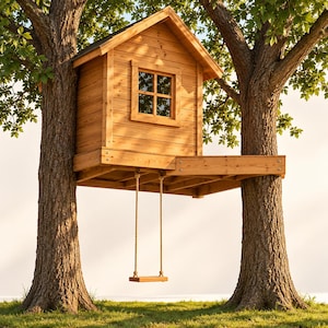 May include: A wooden treehouse structure built between two large trees, featuring a gabled roof, a square window with four panes, and a wooden platform. A simple wooden swing hangs from the platform by two thick ropes.