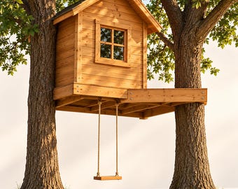 May include: A wooden treehouse structure built between two large trees, featuring a gabled roof, a square window with four panes, and a wooden platform. A simple wooden swing hangs from the platform by two thick ropes.