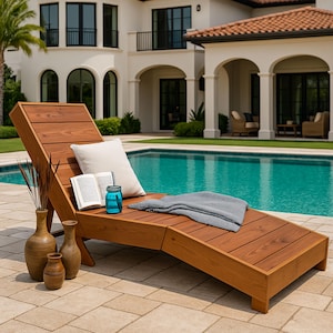 May include: A wooden lounge chair with a white pillow, a book, and a blue glass jar on it. The chair is positioned by a swimming pool with a large house in the background.
