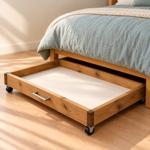 May include: A rectangular wooden under-bed storage drawer with a light oak finish, featuring a smooth white base, a silver metal handle on the front panel, and four black swivel casters attached to the corners for mobility.