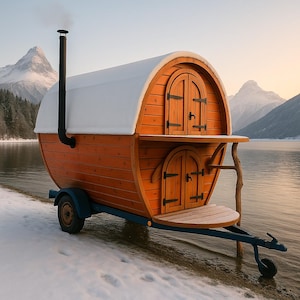 May include: A wooden barrel-shaped sauna on wheels, painted orange with a white snow-covered roof. It has two arched doors, a black chimney, and a small deck. The sauna is parked on a snowy shoreline with mountains in the background.