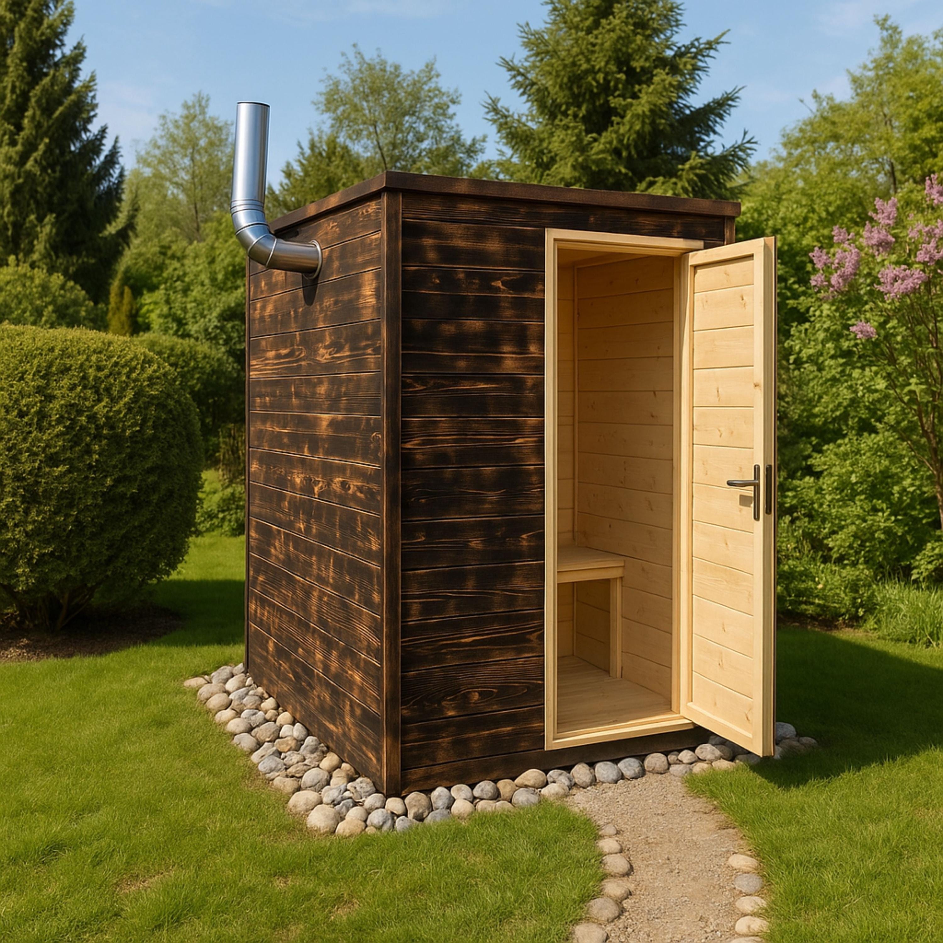 DIY Outdoor Sauna Plans PDF, Burnt Wood Fired Hot Room Design, Compact Backyard Sauna Blueprint for Relaxation and Wellness Retreat