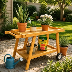 May include: A wooden potting bench with a top shelf holding potted plants, including daisies and snake plants. The lower shelf has a bag of potting mix, a metal bucket with tools, and a blue watering can. A small wheel is attached to one leg.