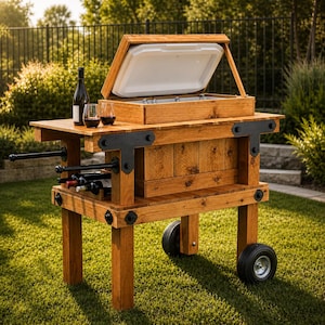 Puede incluir: Un carrito de servicio y enfriador de vino de exterior de madera con un enfriador incorporado, almacenamiento de botellas de vino y una mesa. El carrito es de madera marrón claro, tiene detalles metálicos negros y se asienta sobre ruedas. Una botella de vino y dos copas están en la mesa.