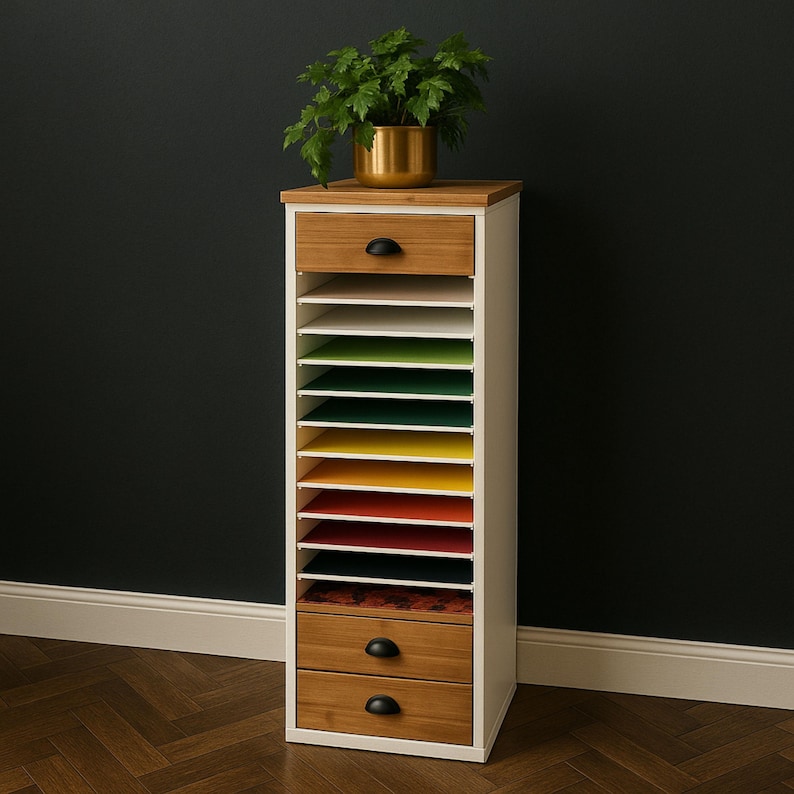 Tall wooden paper organizer cabinet with multiple horizontal shelves for paper and four wood drawers, featuring a modern design and decorative plant on top.