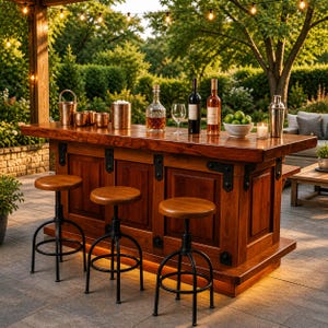 May include: A wooden outdoor bar with a dark finish, featuring a countertop with bottles, glasses, and a bowl of limes. Three adjustable stools with wooden seats and black metal legs are in front of the bar. String lights hang above, creating a warm ambiance.
