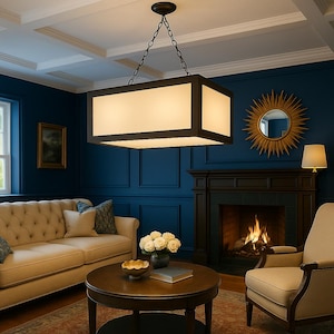 Puede incluir: Una lámpara de araña rectangular con marco oscuro cuelga de una cadena en una sala de estar. La lámpara tiene un panel iluminado de color crema. La habitación cuenta con chimenea, sofá y mesa de centro redonda, todo sobre una pared azul oscuro.