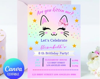 Faire-part d'anniversaire Kitty Cat, modèle d'invitation de fête Purrfect MODIFIABLE, Are You Kitten Me Right Meow, Toile
