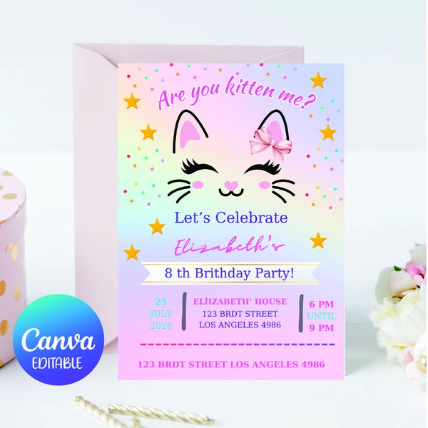 Faire-part d'anniversaire Kitty Cat, modèle d'invitation de fête Purrfect MODIFIABLE, Are You Kitten Me Right Meow, Toile