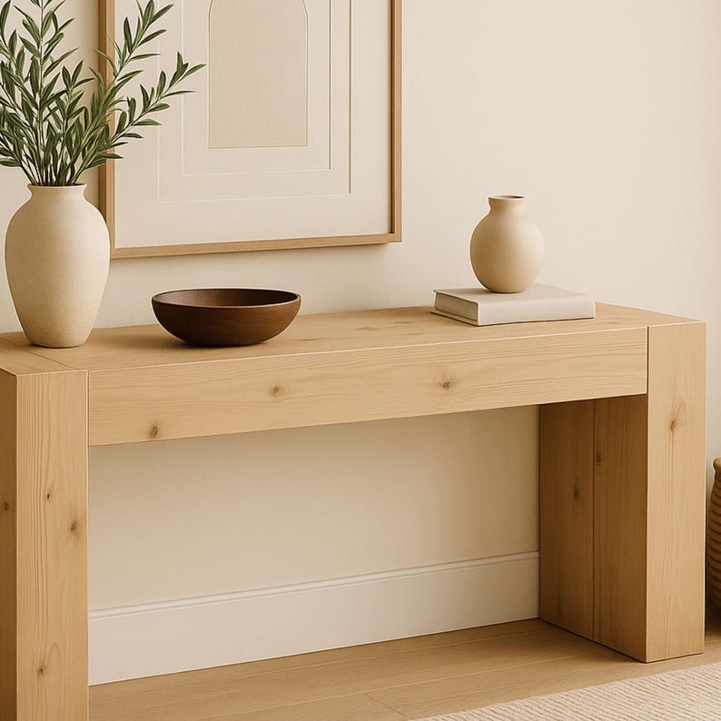 May include: A light wood console table with a brown wooden bowl and a white ceramic vase on top. The table has a simple design and is perfect for a hallway or entryway.