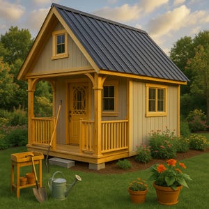 May include: A small garden shed with a dark grey metal roof, yellow trim, and a porch. The shed has a yellow door and windows. Gardening tools, including a watering can, shovel, and potted plants, are in front of the shed.