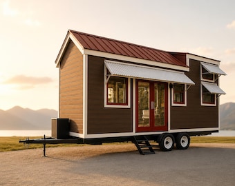 Puede incluir: Una pequeña casa móvil con exterior marrón, techo rojo y molduras blancas. La casa tiene una puerta roja, ventanas con toldos blancos y una pequeña escalera. Está estacionada sobre una superficie de grava cerca de un lago.