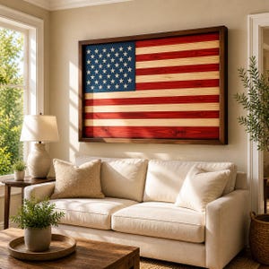 May include: A framed wooden artwork of the American flag. The flag has a blue section with white stars and red and natural wood stripes. The artwork is mounted on a beige wall above a cream-coloured sofa.