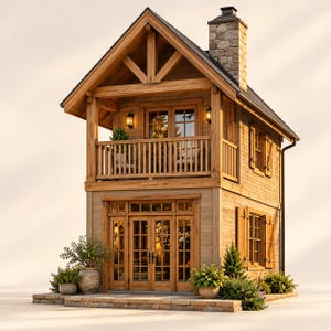 May include: A two-story wooden cabin featuring a gabled roof, a stone chimney, and a second-floor balcony. The structure includes glass-paned double doors on both levels, wooden shutters on the windows, and potted green plants placed on the stone base.