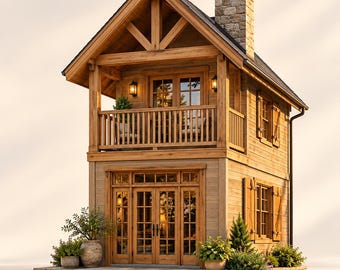 May include: A two-story wooden cabin featuring a gabled roof, a stone chimney, and a second-floor balcony. The structure includes glass-paned double doors on both levels, wooden shutters on the windows, and potted green plants placed on the stone base.