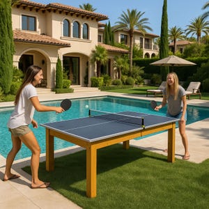 May include: Two people playing table tennis outdoors. A navy blue table tennis table with a net is set up on a grassy area next to a swimming pool. The table has a light wood frame. The players are holding black bats.