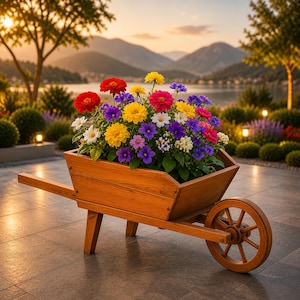 Op de afbeelding: Een houten kruiwagen gevuld met een levendig assortiment kleurrijke bloemen. De bloemen omvatten rode, gele, paarse, roze en witte bloemen. De kruiwagen is gemaakt van lichtbruin hout en staat op een betegeld oppervlak, met een schilderachtige achtergrond van een meer en bergen.