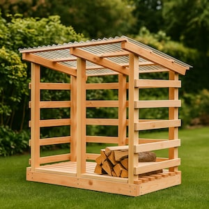 May include: A wooden firewood storage shed with a clear corrugated plastic roof. The shed is constructed from light-colored wood and features a slatted design. A pile of firewood rests inside the shed on a wooden base. The shed is outdoors on a green lawn.