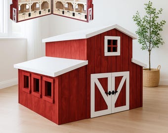 DIY Wooden Barn Toy Storage Plan, Farm Style Kids Playhouse Cabinet, Red Barn Indoor Organizer for Children, Foldable Toy Barn Design
